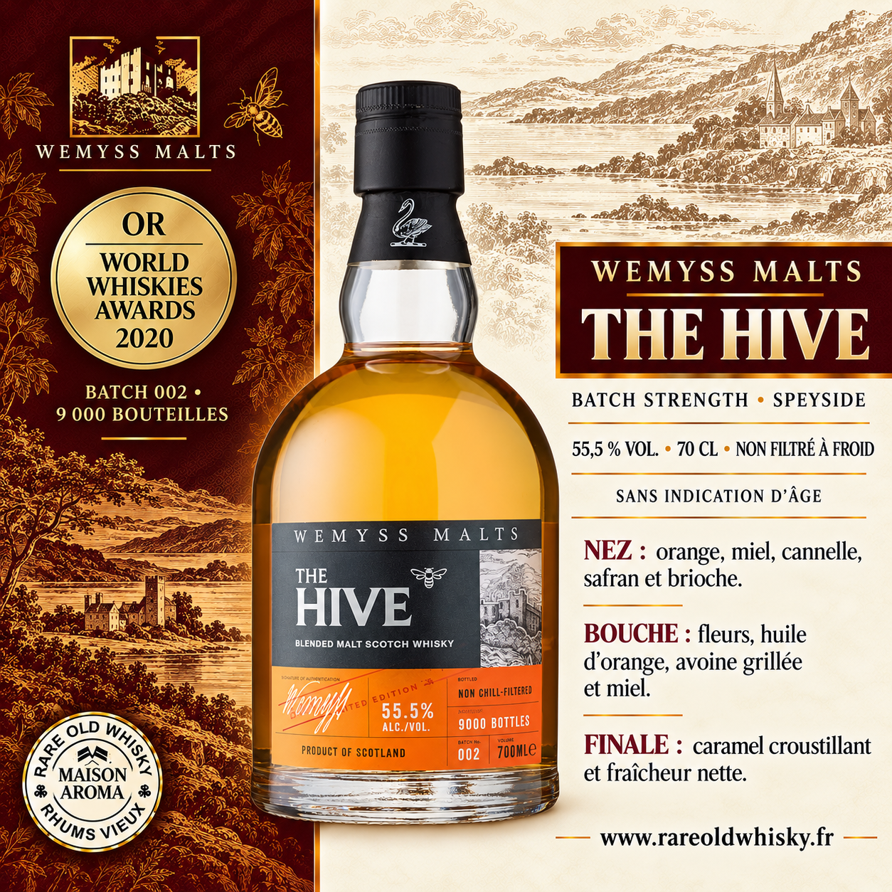 Wemyss Malts The Hive Batch Strength No. 002 – Blended Malt Scotch Whisky – Ecosee - 55,5 % 1 Fiche Wemyss Malts The Hive Batch Strength No. 002, blended malt du Speyside à 55,5 %, bouteille et médaille d’or.