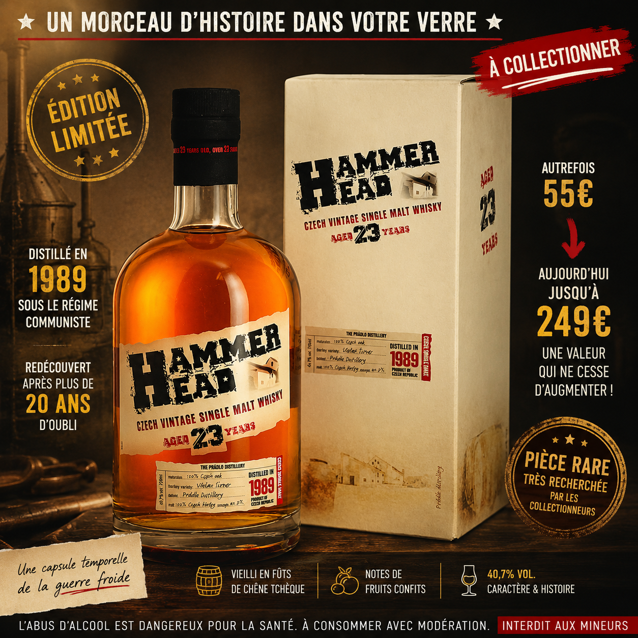 Whiskies rares : pourquoi certaines bouteilles deviennent-elles si recherchées ? 4 Bouteille et coffret Hammer Head 23 ans, single malt whisky tchèque distillé en 1989