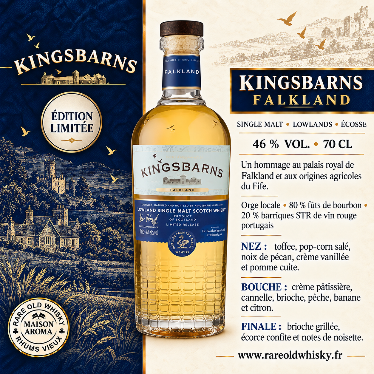 Kingsbarns Falkland — Single Malt Scotch Whisky des Lowlands - Ecosse - 46% 1 Fiche Kingsbarns Falkland, single malt écossais des Lowlands en édition limitée, 46 % vol.