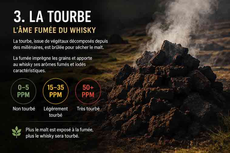La fabrication du whisky : de l’orge maltée au verre 10 Infographie expliquant le rôle de la tourbe dans le whisky et son échelle d’intensité en PPM.