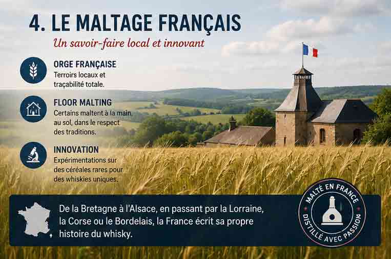 La fabrication du whisky : de l’orge maltée au verre 11 Infographie descriptive détaillant le maltage français : « Un savoir-faire local et innovant ». Elle montre un champ d’orge et une distillerie avec drapeau français. Les trois points clés sont : Orge Française (terroir et traçabilité), Floor Malting (maltage au sol traditionnel) et Innovation (céréales rares). Texte inférieur sur les régions (Bretagne, Alsace, etc.) et l’expression « Malté en France »