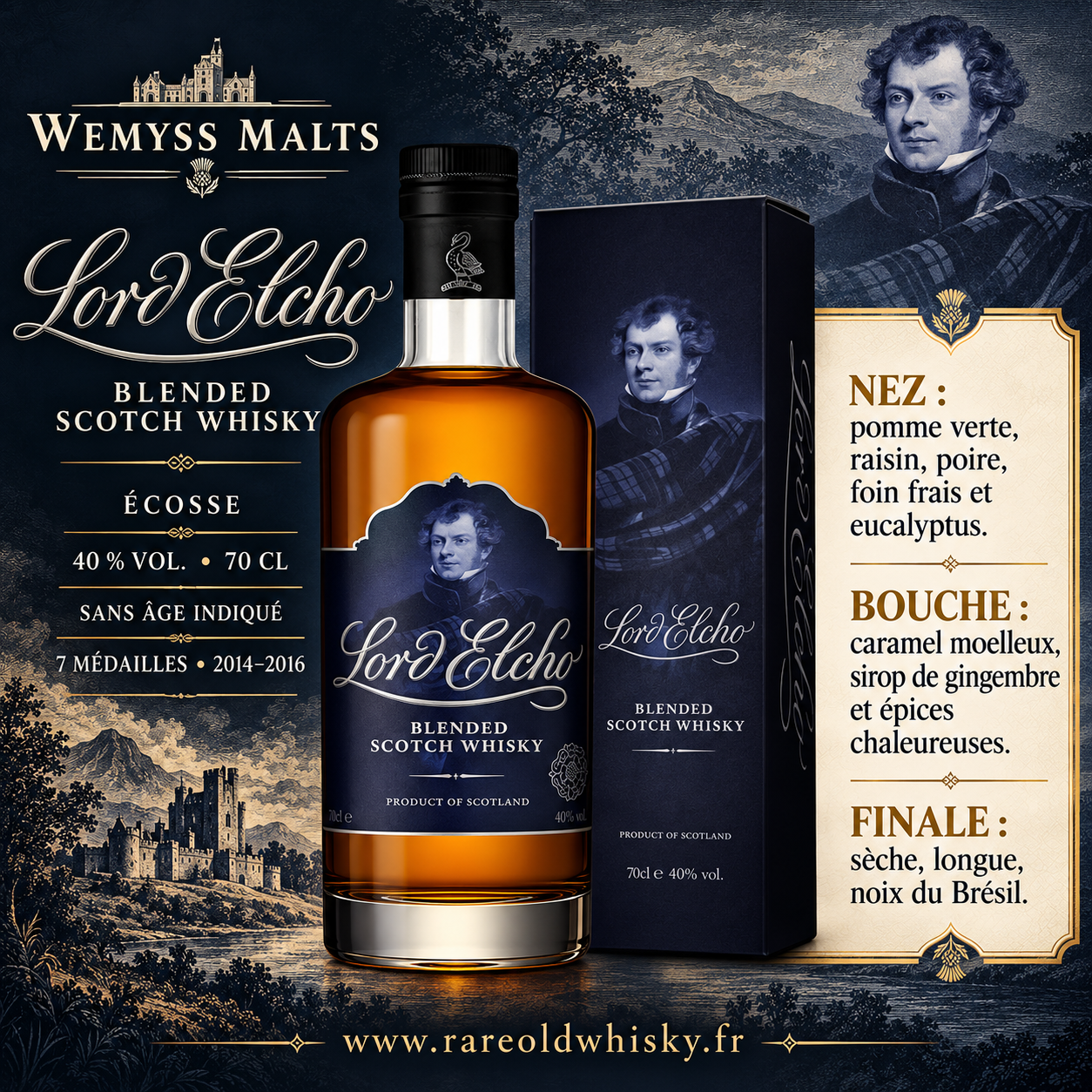 Wemyss Malts Lord Elcho – Blended Scotch Whisky – Écosse – 40 % 1 Bouteille et étui Lord Elcho de Wemyss Malts, blended Scotch whisky écossais à 40 % vol.
