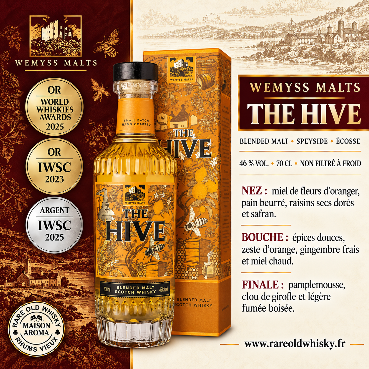 Wemyss Malts The Hive – Blended Malt Scotch Whisky – Ecosse - 46 % 1 Fiche de dégustation Wemyss Malts The Hive, blended malt écossais à 46 %, avec bouteille et son étui illustré.