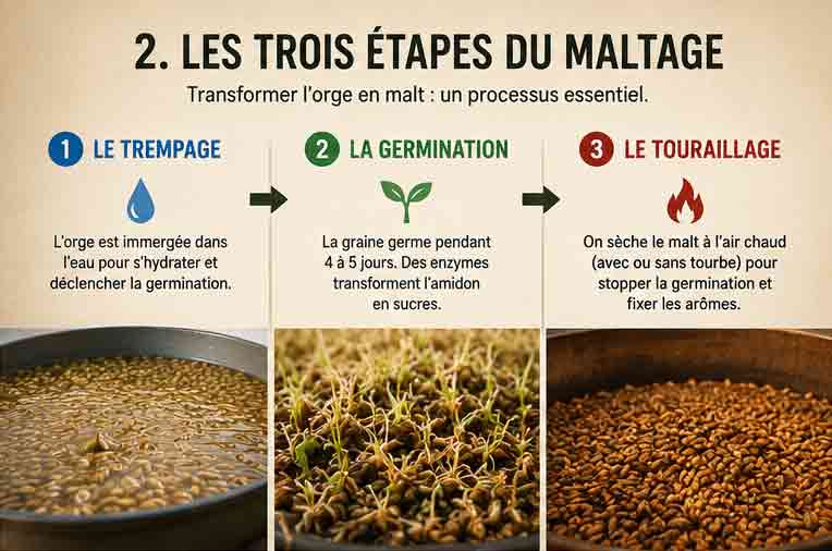 La fabrication du whisky : de l’orge maltée au verre 9 Infographie illustrant les 3 étapes du maltage de l’orge : le trempage, la germination et le touraillage.