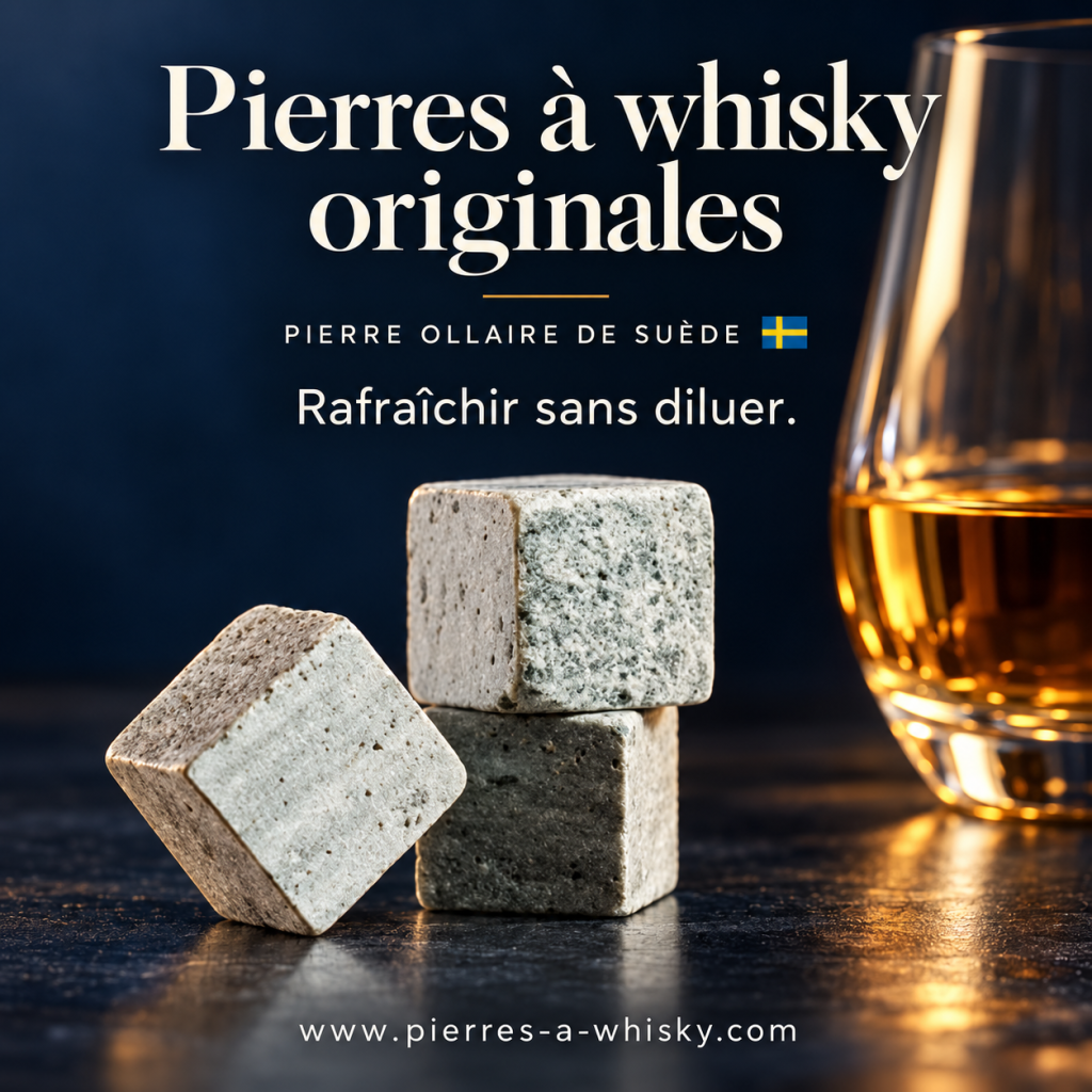 Pierres à whisky originales en pierre ollaire de Suède à côté d'un verre de whisky, pour rafraîchir sans diluer