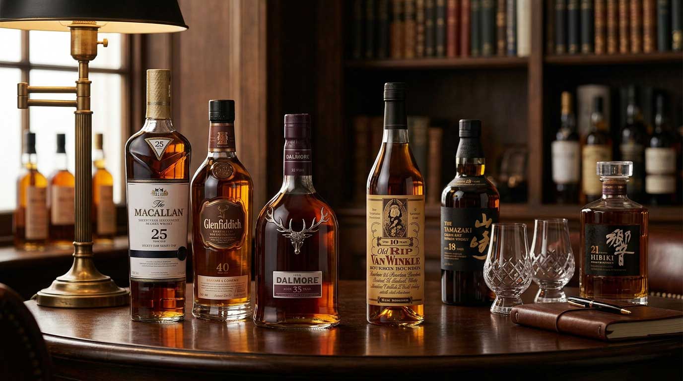 Whiskies rares : pourquoi certaines bouteilles deviennent-elles si recherchées ? 1 Photographie d'une collection exclusive de six bouteilles de whiskies rares de prestige sur une table en bois sombre, incluant The Macallan 25 ans, Glenfiddich 40 ans, The Dalmore 35 ans, Old Rip Van Winkle, The Yamazaki 18 ans, et Hibiki 21 ans, avec des verres de dégustation dans un bureau bibliothèque luxueux.